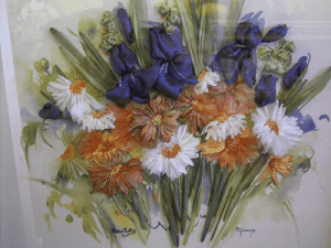 Iris and Daisies on hand painted background